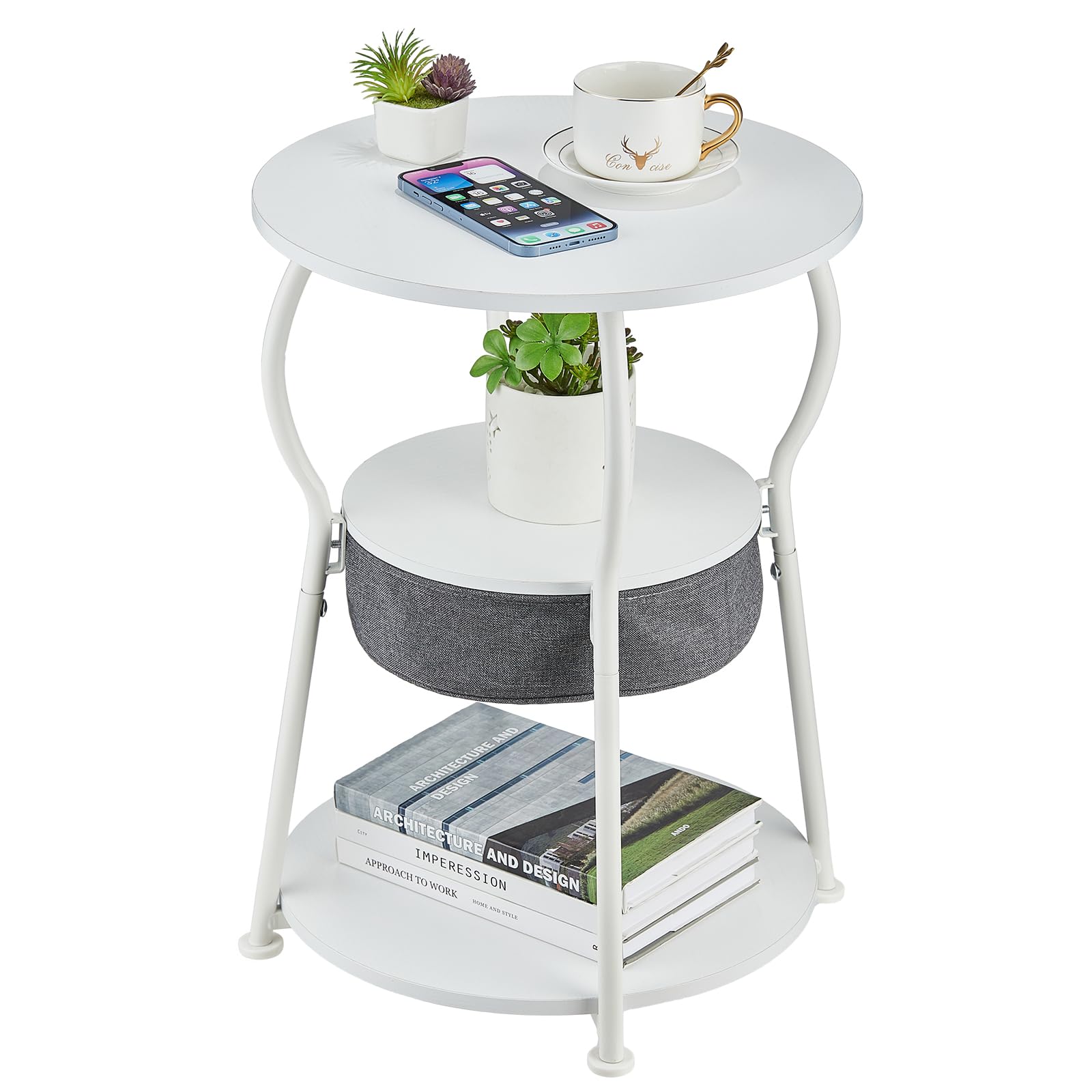 ZEXVIDA Runder Beistelltisch Vintage, 3-stufiger Industrieller Runder Beistelltisch mit Stauraum, Nachttisch Kleiner Tisch Sofatisch für Wohnzimmer Schlafzimmer Balkon (Weiße, 40W*55H)