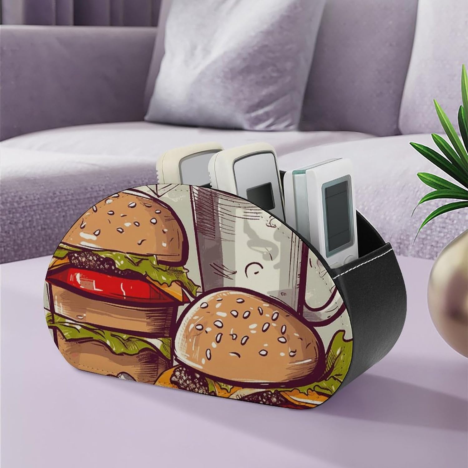 Remote Control Holders Pu Leather TV Remote Holder with 5 Compartments Desktop Storage Organizers Funny Food Hamburgers And Mugs Remote Caddy Box for TV Remotes/Media Controllers/Office Supplies image 5