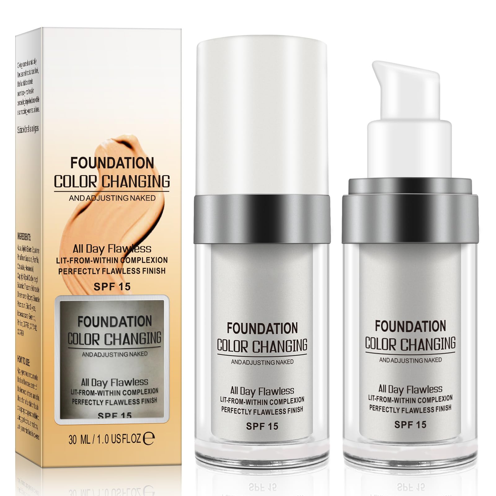 Color Changing Foundation Liquid Base, 2 PACK Flawless Colour Changing Warm Skin Tone Foundation Makeup,BB Cream Makeup Base Concealer Cover Moisturizing Fluid for all Skin Tone SPF15
