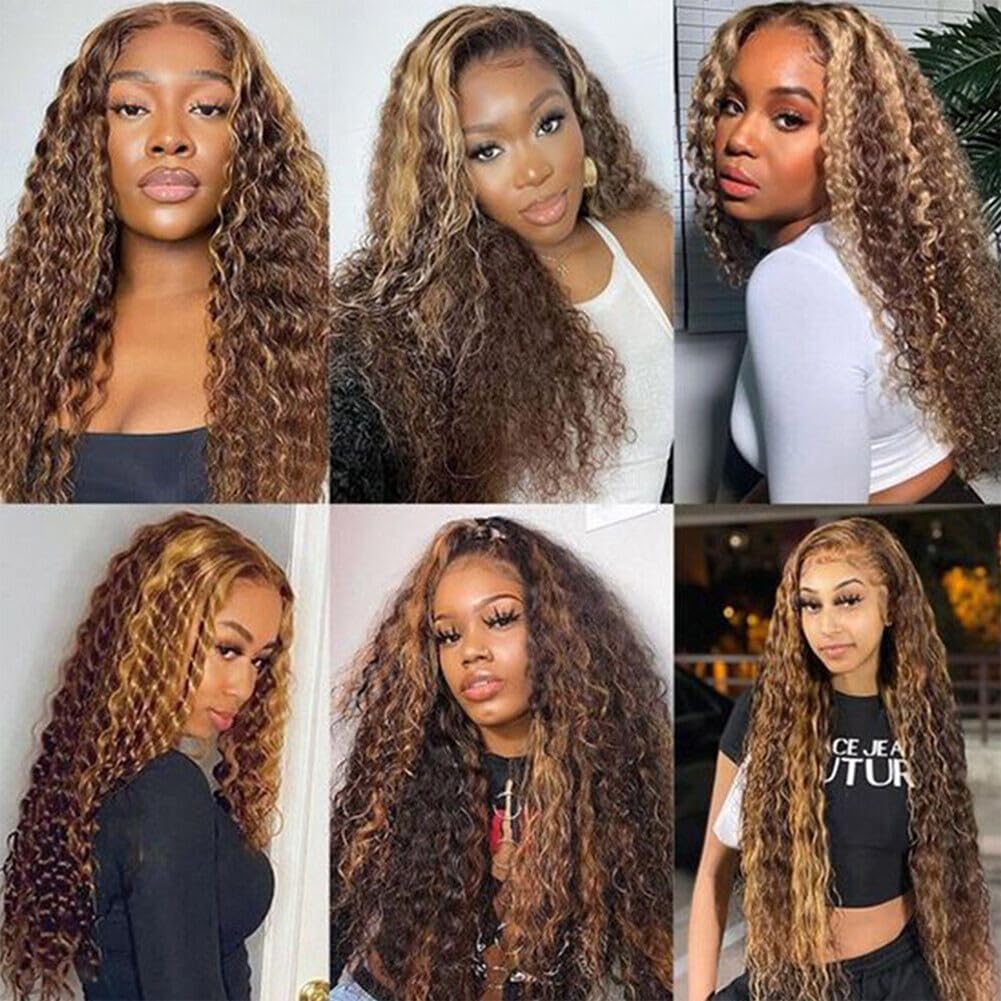 Highlight Brown Water Wave Human Hair Bundles Honey Blonde Highlight Brown P4/27 Color 10A 100% Unprocessed Brazilian Virgin Human Hair (water-P4/27, 10 Frontal)