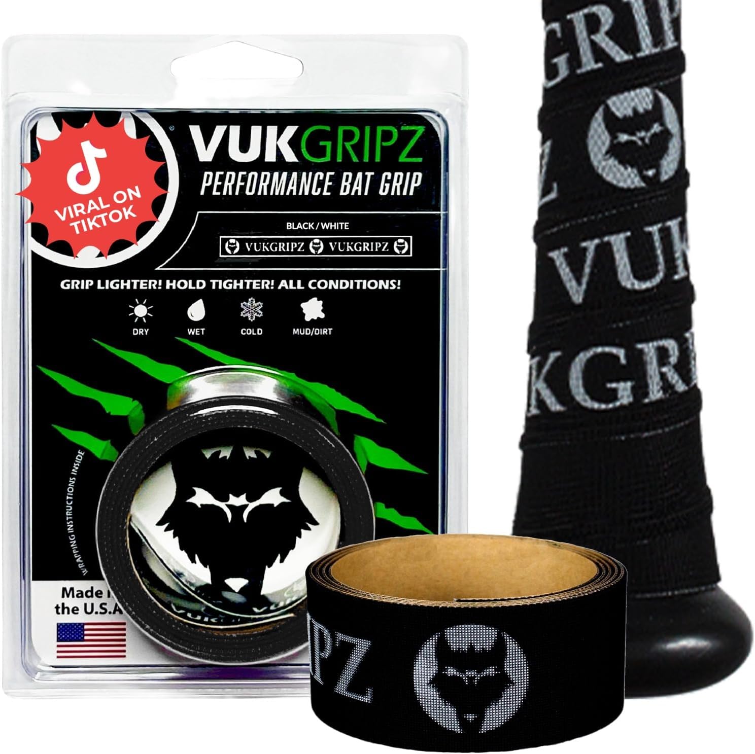 VukGripz USA-Made Baseball Bat Grip Tape - Non-Sticky Friction Grip, Moisture-Wicking, Vibration-Reducing for Softball & Baseball Bats