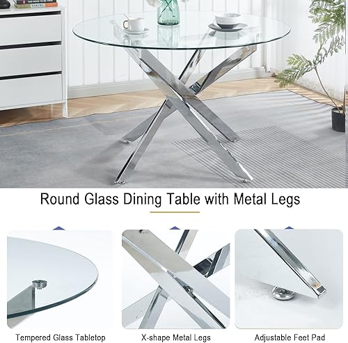 Miniatura 20 de Mesa de comedor redonda de vidrio de 36 pulgadas para 2-4 personas, patas de metal negro resistentes, mesa de cocina redonda de vidrio para