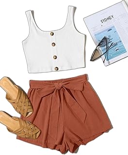 2pc Women Clothing Set Women Unity Single Breasted Rib knit Tank Top Belted Shorts Set