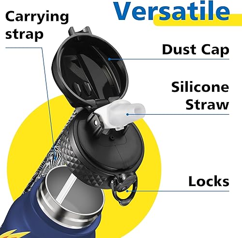 Miniatura 3 de Han's Bottle Botella de agua para niños con tapa con pajilla, vaso reutilizable de acero inoxidable aislado para niñas, niños, taza térmica, 17