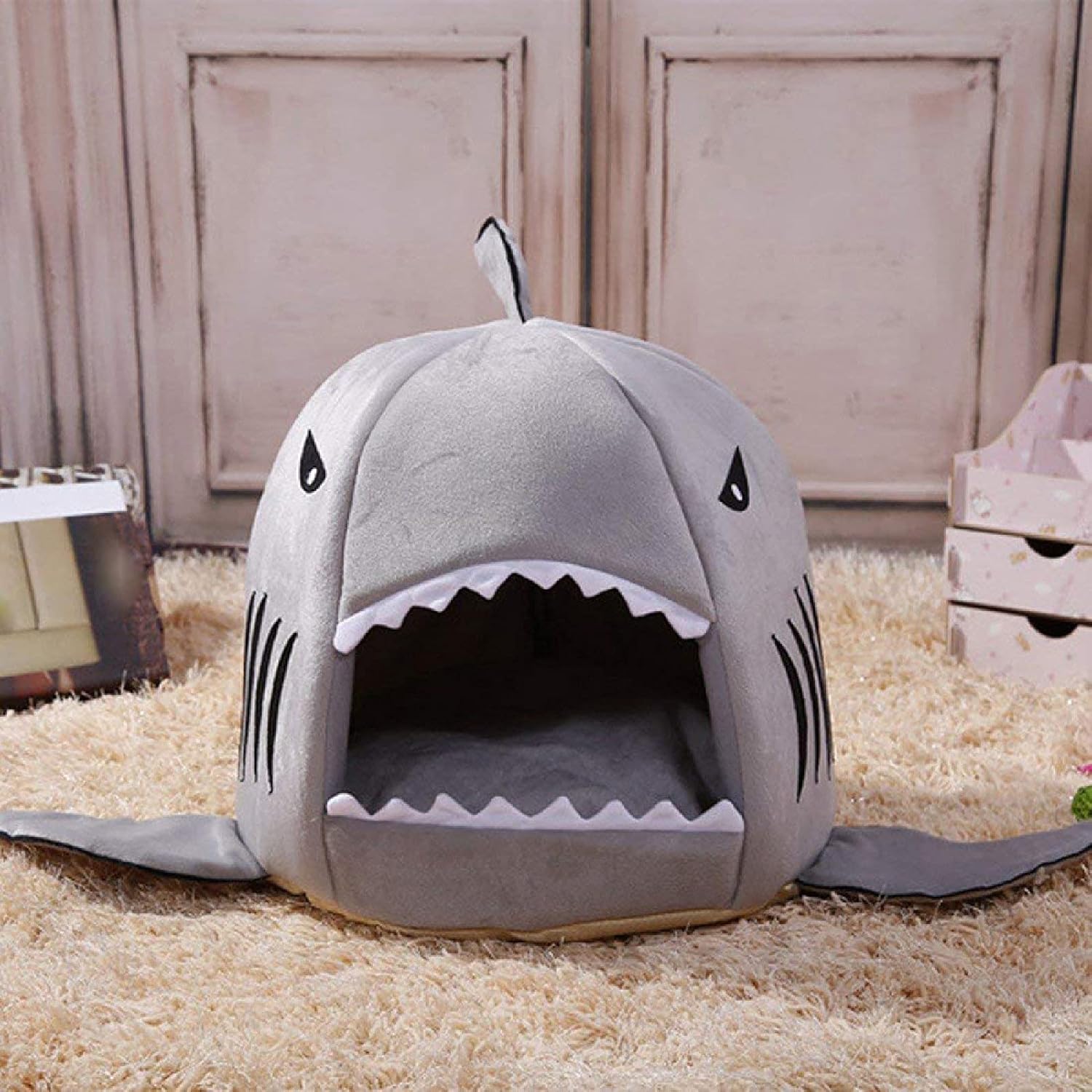 review Dog House Cat Bed Shark Shape Cave House Tent Comfortable Waterproof Soft Nest Cave Design Kennel Shark Shape Cat Dog Pet Soft Nest for Indoor Cats and Dogs Daily Life - Blue XXS