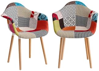 GrandCA HOME Juego de 2 Sillas de Comedor Modernas de Patchwork con Reposabrazos, Patas de Haya, Estilo Nórdico, para Cocina, Salón, Comedor y Dormitorio (Rojo)