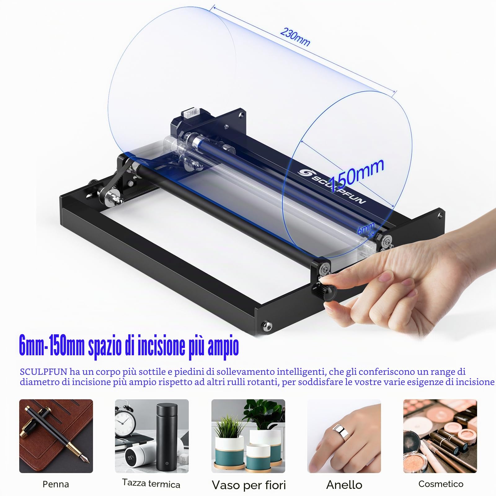 SCULPFUN Rullo rotante laser, incisore laser a Y, rotazione a 360° per l'incisione laser di oggetti cilindrici, lattine (con 4 piedini di sollevamento)