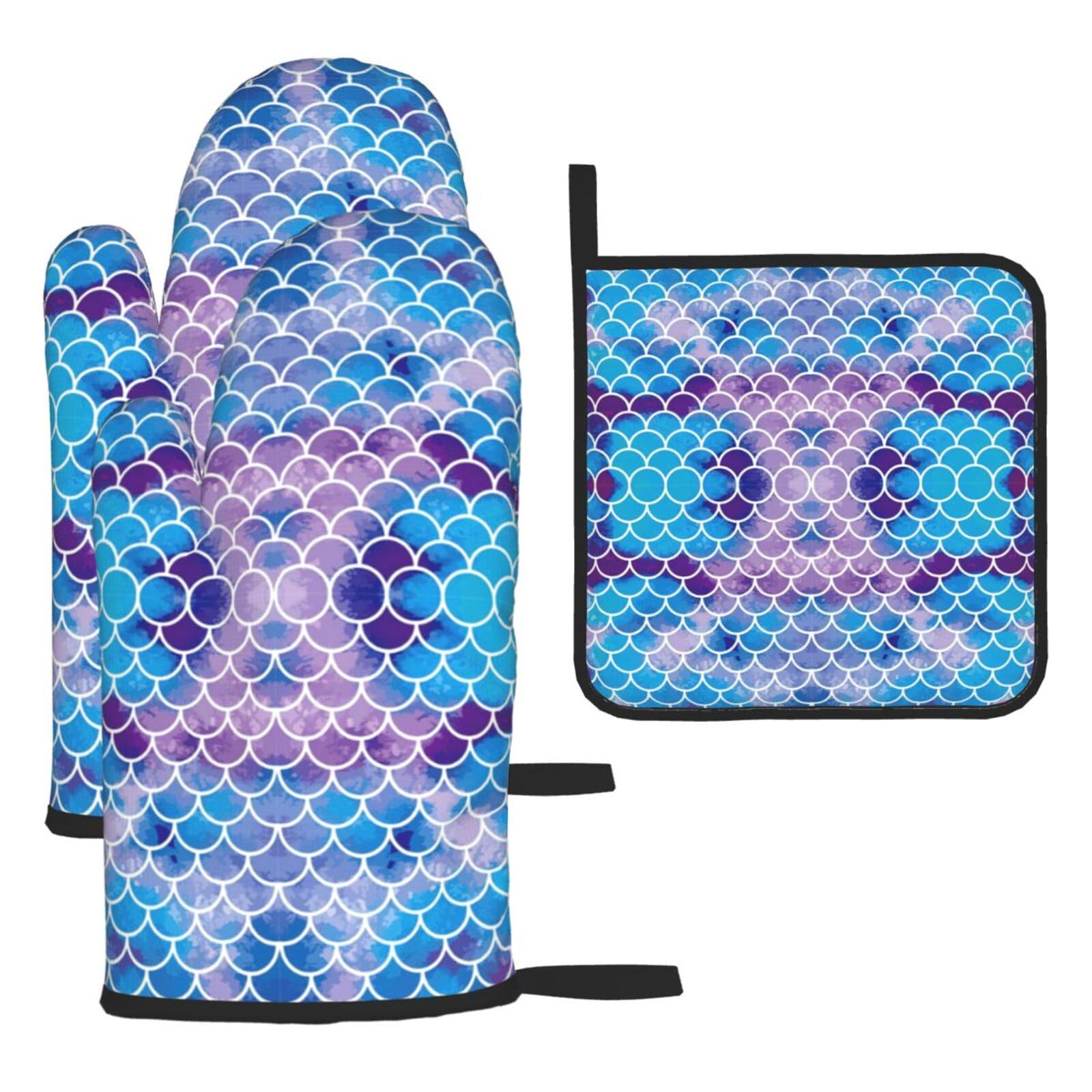 Mermaid Fish Scale Print Oven Mitts and Potholders BBQ Gloves-Oven Mitts and Pot Holders for Cooking Baking