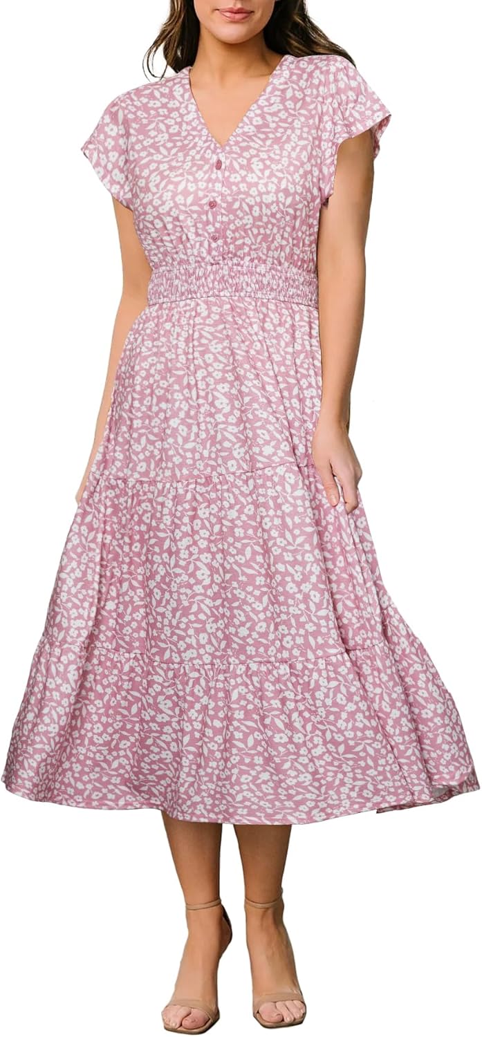 BerryGo Women's Floral Boho Ruffle Summer Midi Dress Short Sleeve V Neck Empire Waist Swing Flowy Dress - Image 7