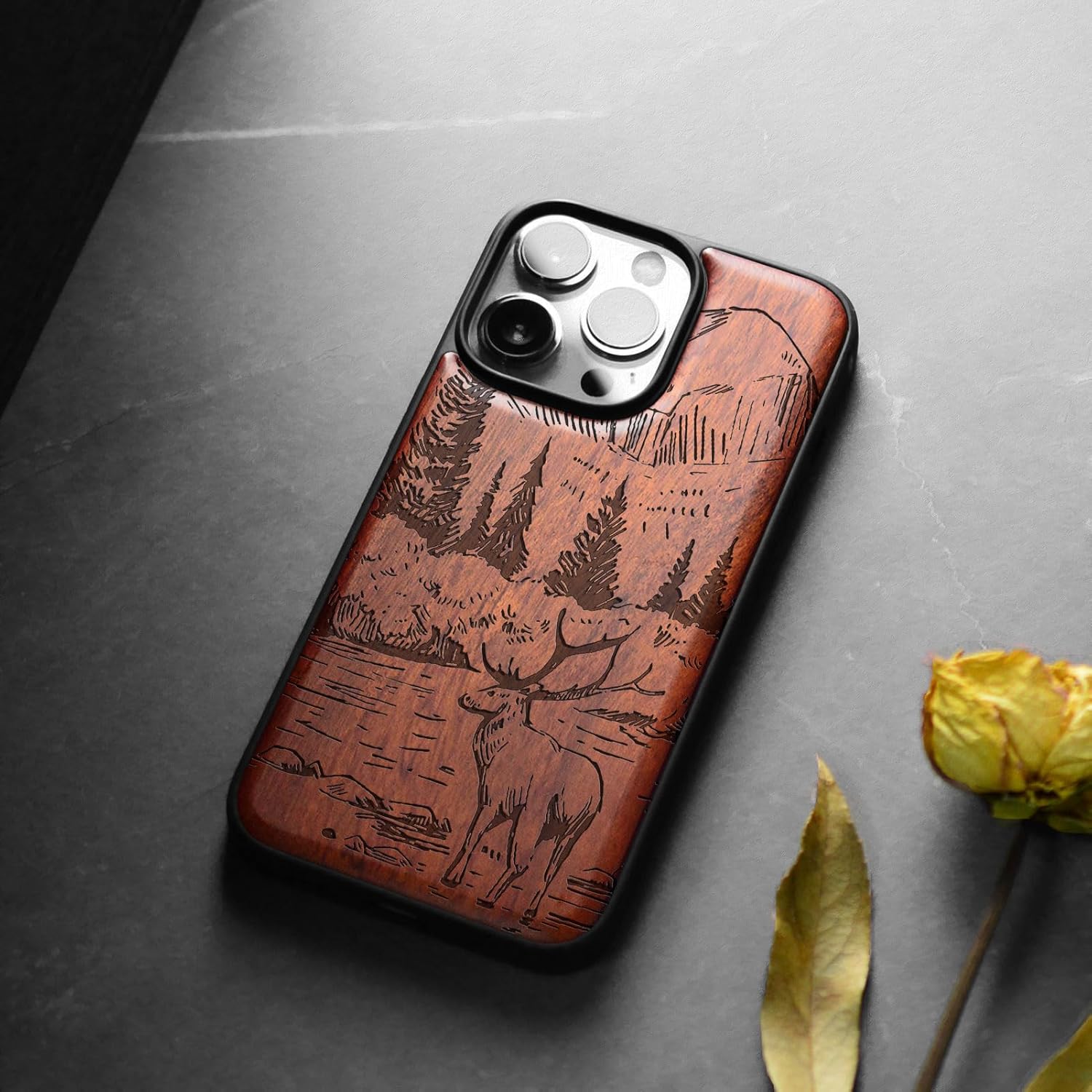 Carveit Magnetic Wooden Case for iPhone 15 Pro Max Case, Compatible with MagSafe Wireless Chargers, Black Soft TPU Shockproof Cover & Wood Artisan Engraved (Mountains and Deer) - Rosy