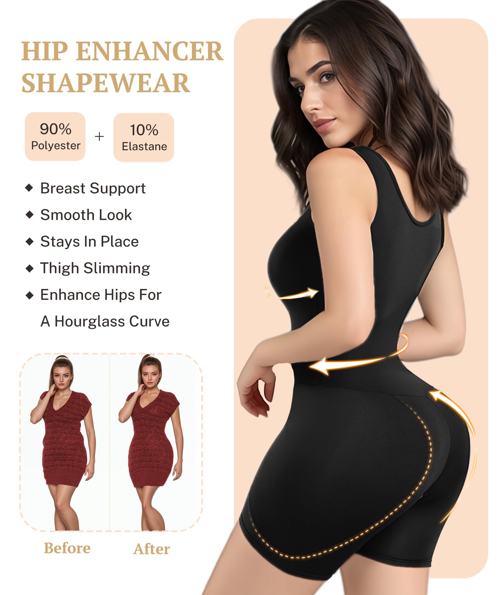 Faja moldeadora para mujer con almohadillas extraíbles para la cadera, control de abdomen, acolchada, realzador de cadera, levantador de glúteos, body negro