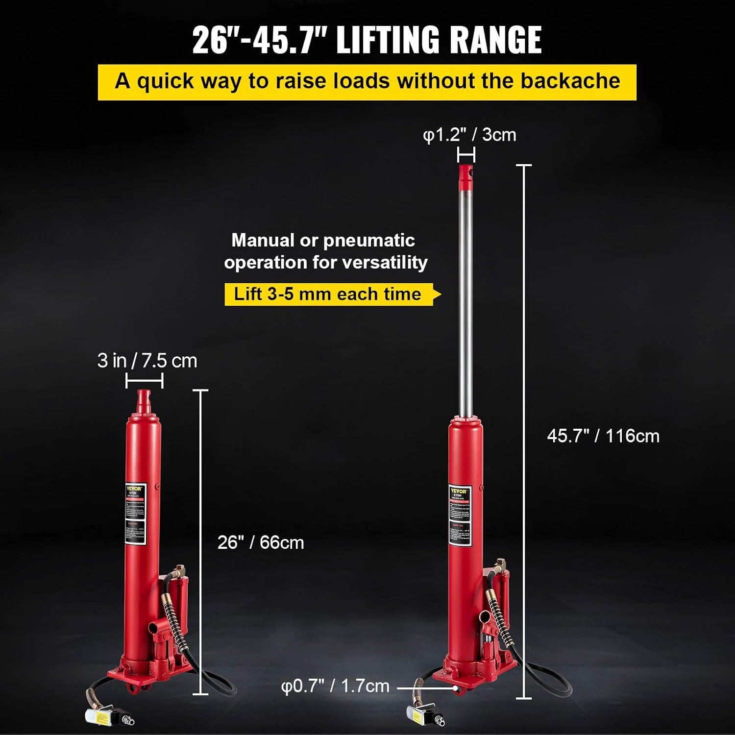 VEVOR Hydraulic/Pneumatic Long Ram Jack, 8 Tons/17363 lbs Capacity, with Single Piston Pump and Clevis Base, Manual Cherry Picker w/Handle, for Garage/Shop Cranes, Engine Lift Hoist, Red