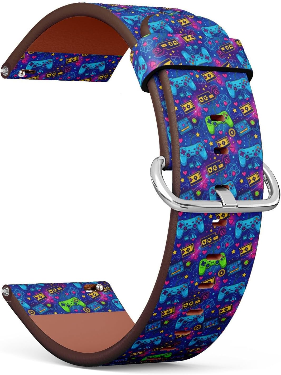 Planetar 20mm Leather Watch Band (Controllers Cartridges Cosmic Retro Pattern) Vegan leather Replacement Smartwatch Strap