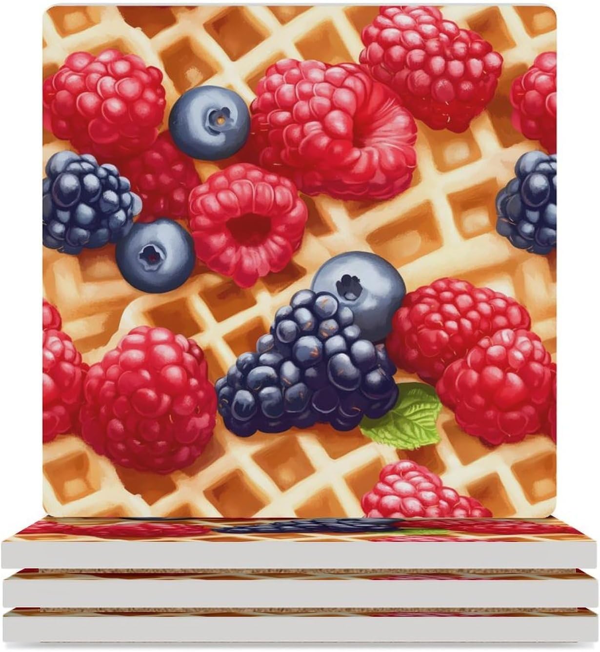 Waffle with Berries Funny Ceramic Coasters for Drinks Absorbent Cup Holder Tabletop Protector with Cork Base