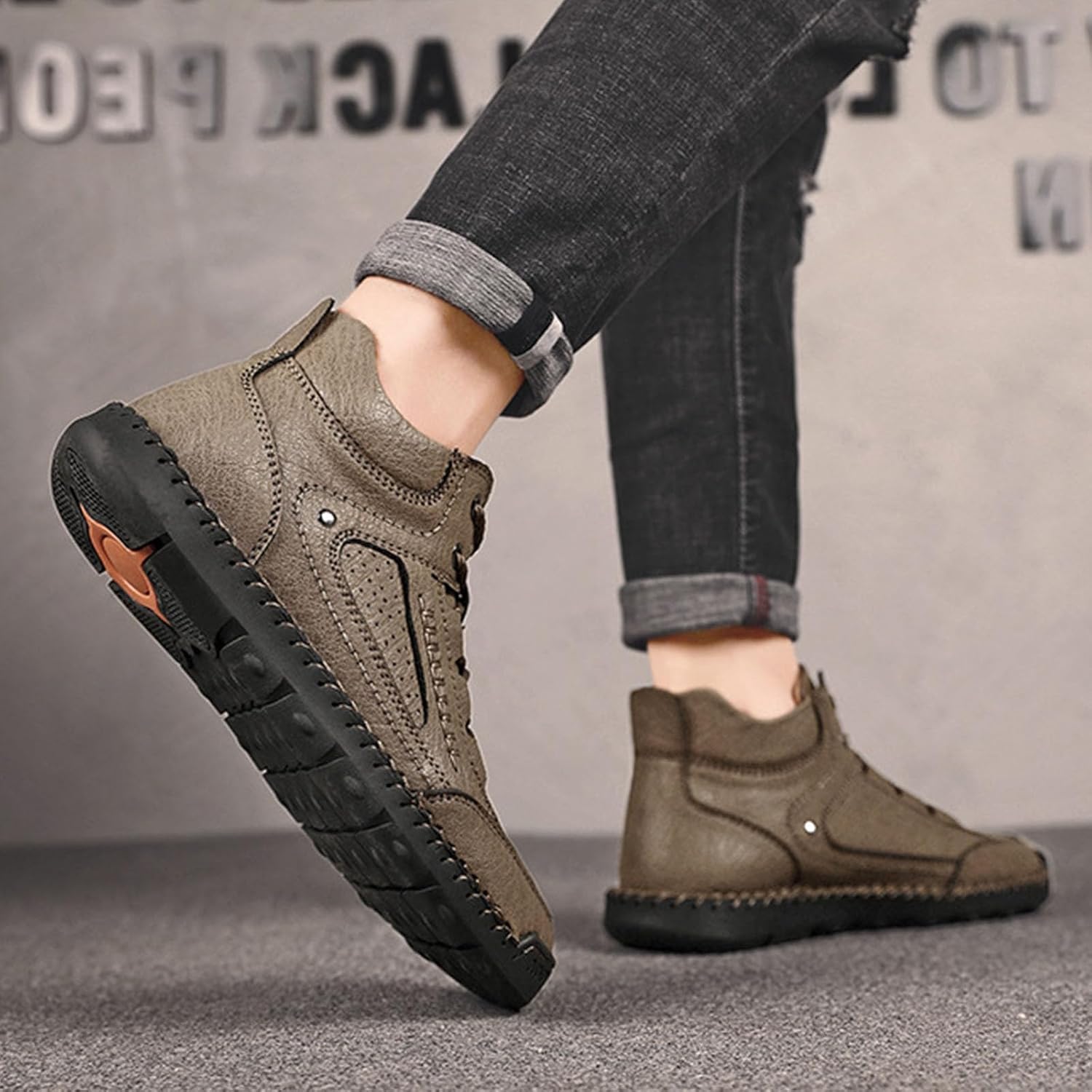 Keilinia Men's Vintage Mid-Top Chukka Boots,Comfort Hand-Stitching Leather Waterproof Non-Slip Outdoor Travel Hiking Casual Shoes