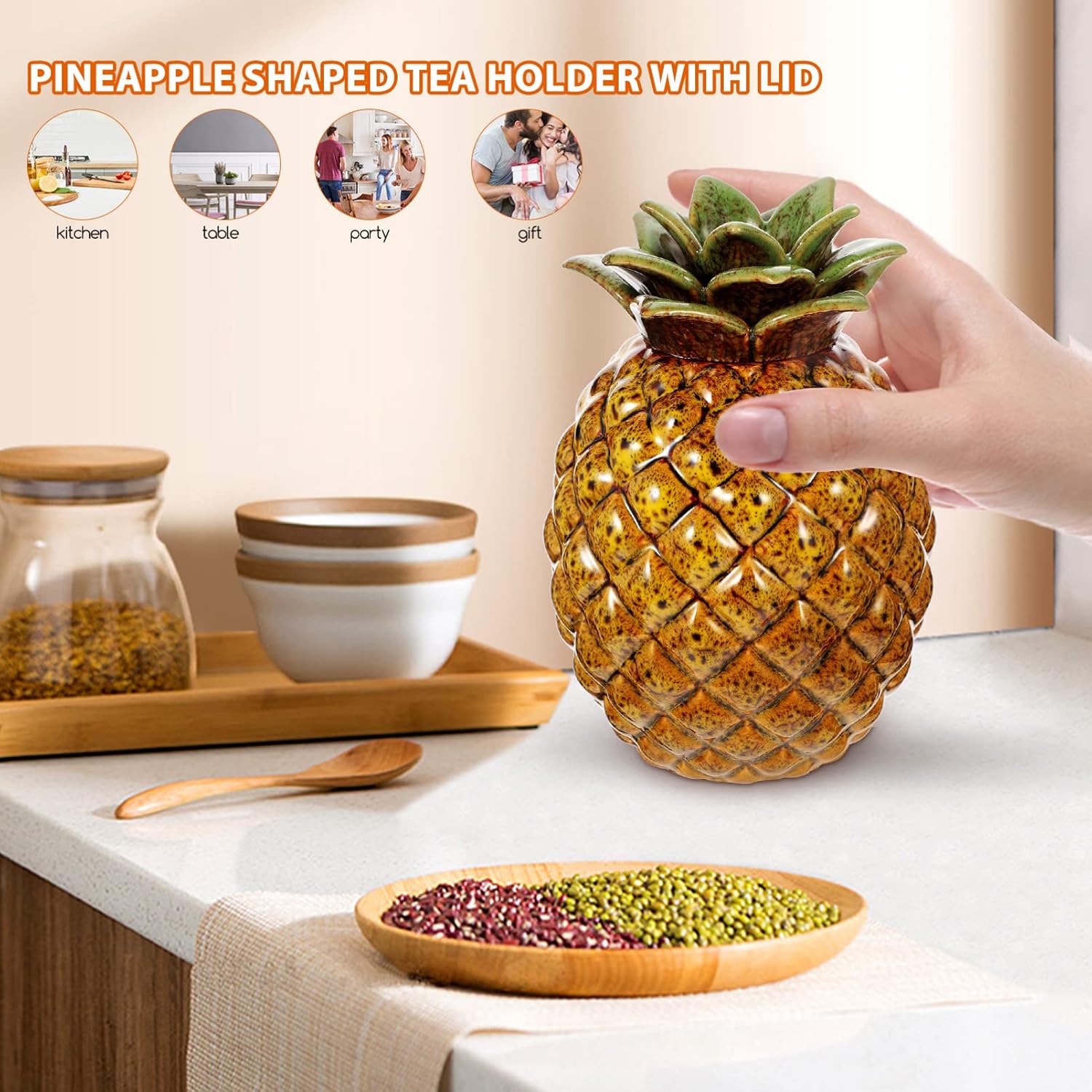 BESTonZON Ceramic Pineapple Cookie Jar: Pineapple Candy Jar Decorative Tea Canister Food Storage Container Tea Canister Candy Jar with Lid for Biscuits Snacks Candies Ceramic Tea Set