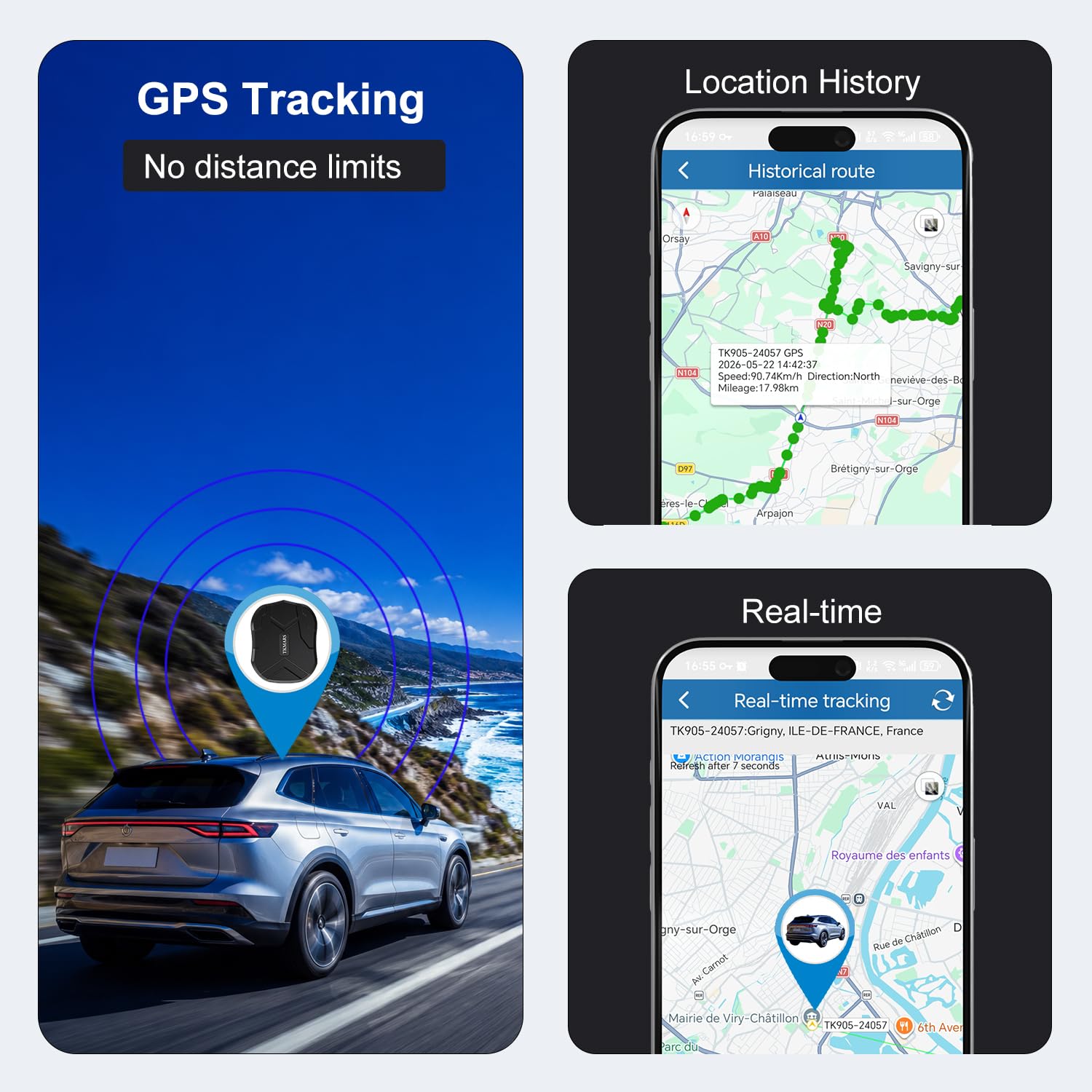 TKMARS Localizador GPS para Coche Sin Suscripción TK905 5000mAH Batería 90 Días de Espera Imán Antirrobo GPS Tracker con Seguimiento en Tiempo Real, Posicionamiento SMS, Rastreador con App Gratuita