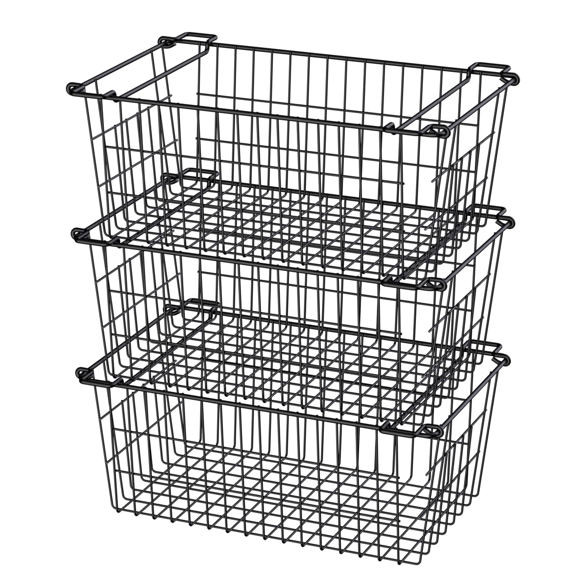 SANNO Stackable Wire Baskets for Storage & Organization. Sturdy Metal Food Bins With Handles - Set of 3, Black