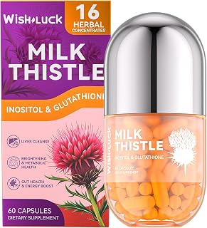 Wishluck Milk Thistle Supplement Capsules: 300 mg 80% Silymarin Extract with Inositol & Glutathione Liver Detox Repair Antioxidant Support 60 Capsules