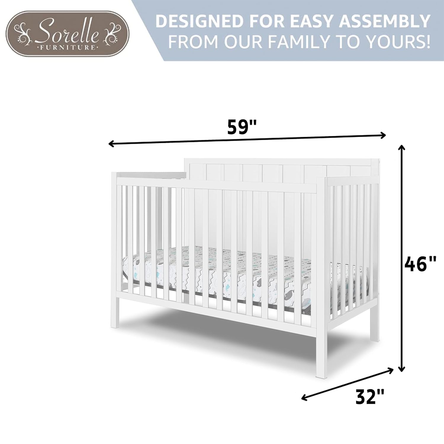 Sorelle Furniture Essex Crib Classic 4-in-1 Convertible Crib, Made of Wood, Non-Toxic Finish, Wooden Baby Bed, Toddler Bed, Child’s Daybed and Full-Size Bed, Nursery Furniture-White