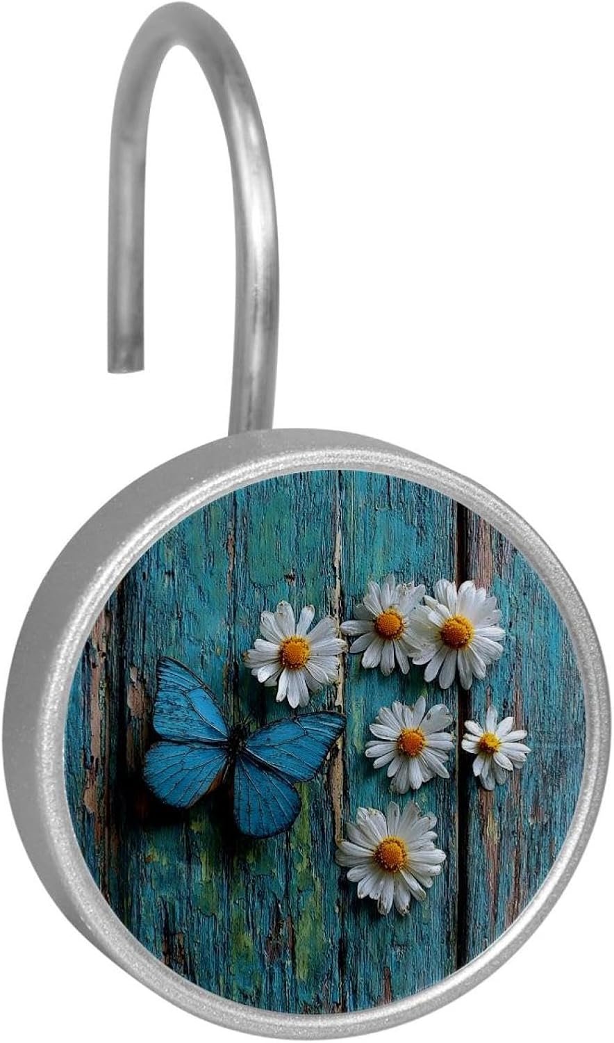 12 Pieces Daisy Butterfly on Rustic Teal Wooden (1) Shower Curtain Hooks Rings, Stainless Steel Shower Hook Hanger Rings for Bathroom Living Room Bedroom Home Decor
