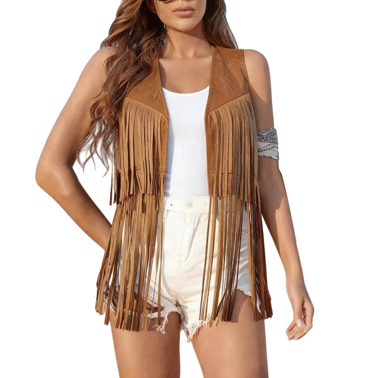 HUIFUAO Lace Western Crop Tops for Women Long Sleeve V Neck Fringe Shirts Sexy Cowgirl Outfits Tassel Blouse Fashion 70s Hippie Clothes Novelty Funny Festival Party Costumes (Z21-Khaki, M)