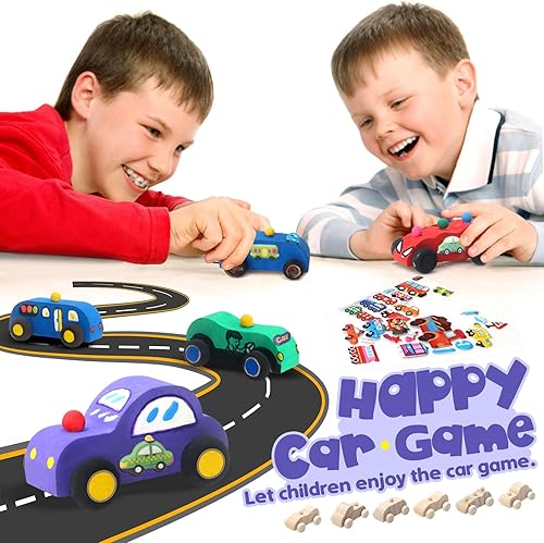 Miniatura 7 de ColCospie Carros de madera, vienen con 18 autos de madera sin terminar para pintar para niños y 1 juego de colores de pintura, 2 calcomanías de