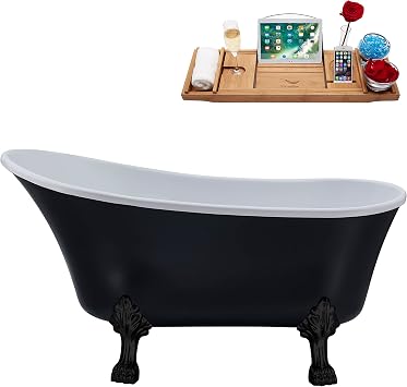 Streamline 63" Clawfoot Soaking Bathtub Glossy White Acrylic Tub with Matte Black Internal Drain Modern Design with Bamboo Tray 72 Gallon Capacity
