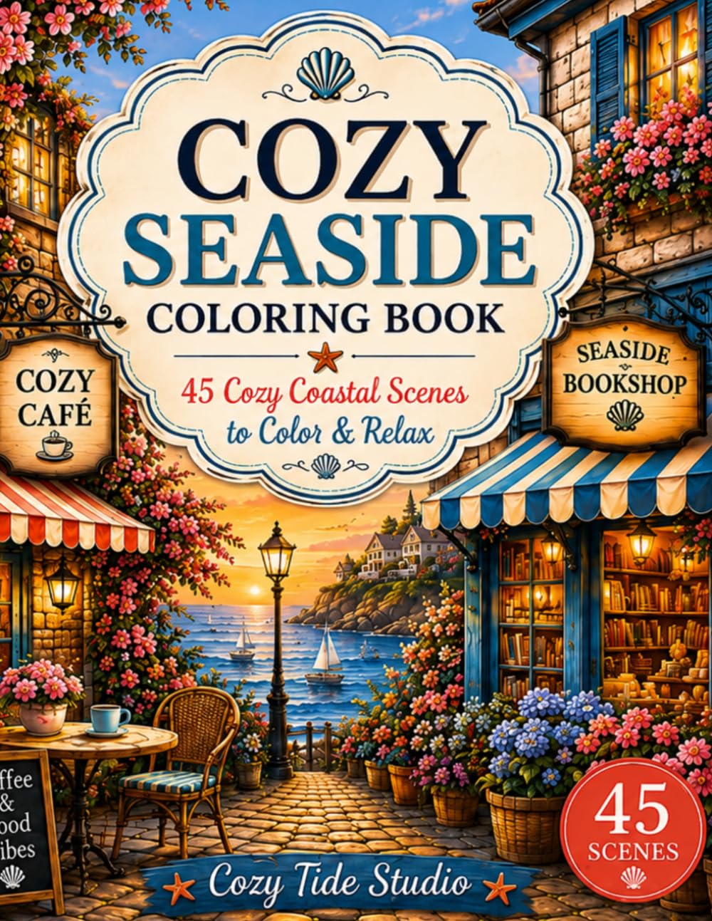 Cozy Seaside Coloring Book: Relaxing Coastal Scenes, Cottages, Cafes & Harbor Towns