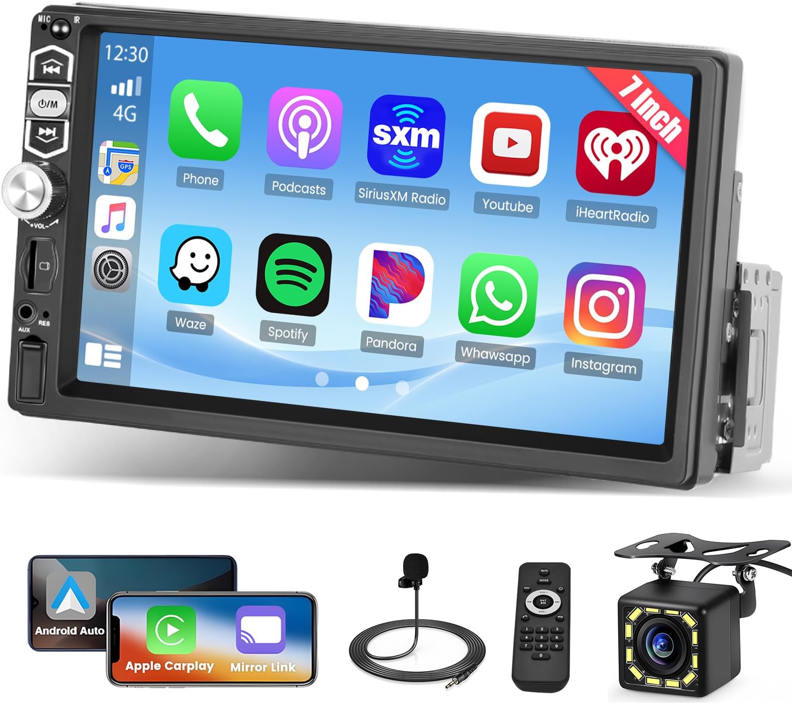 7 Inch Single Din Car Radio Stereo CarPlay Android Auto, 1 Din Touch Screen Car Radio with Bluetooth Backup Camera AUX USB TF SD Slot SWC EQ Backlight Remote Control
