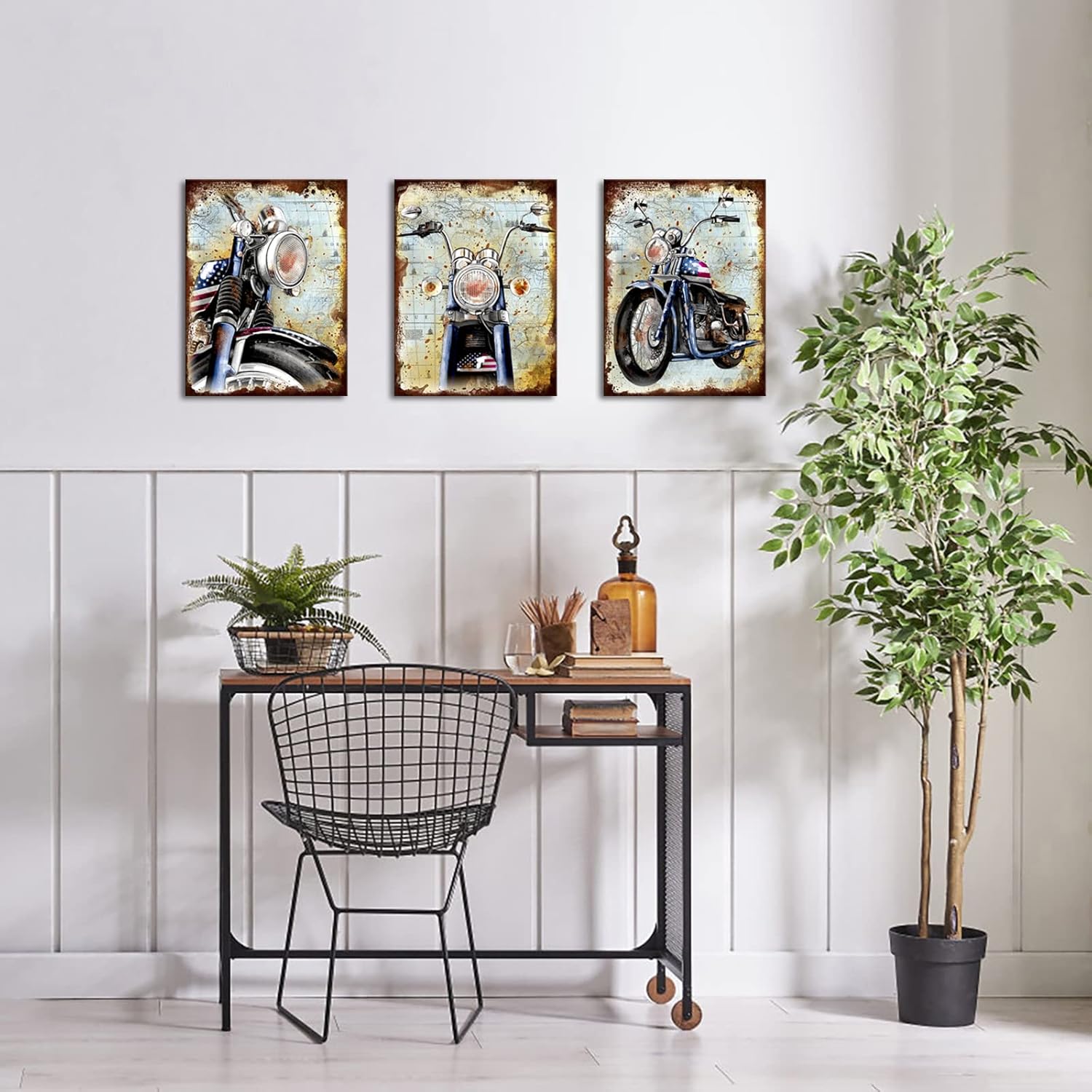 KLVOS Modern Motorcycle Canvas Wall Art Vintage Vehicle Pictures Wall Decor American Flag Canvas Prints Artwork Modern Home Office Men Bedroom Boys Room Decor Ready to hang 12x16imx3PCS