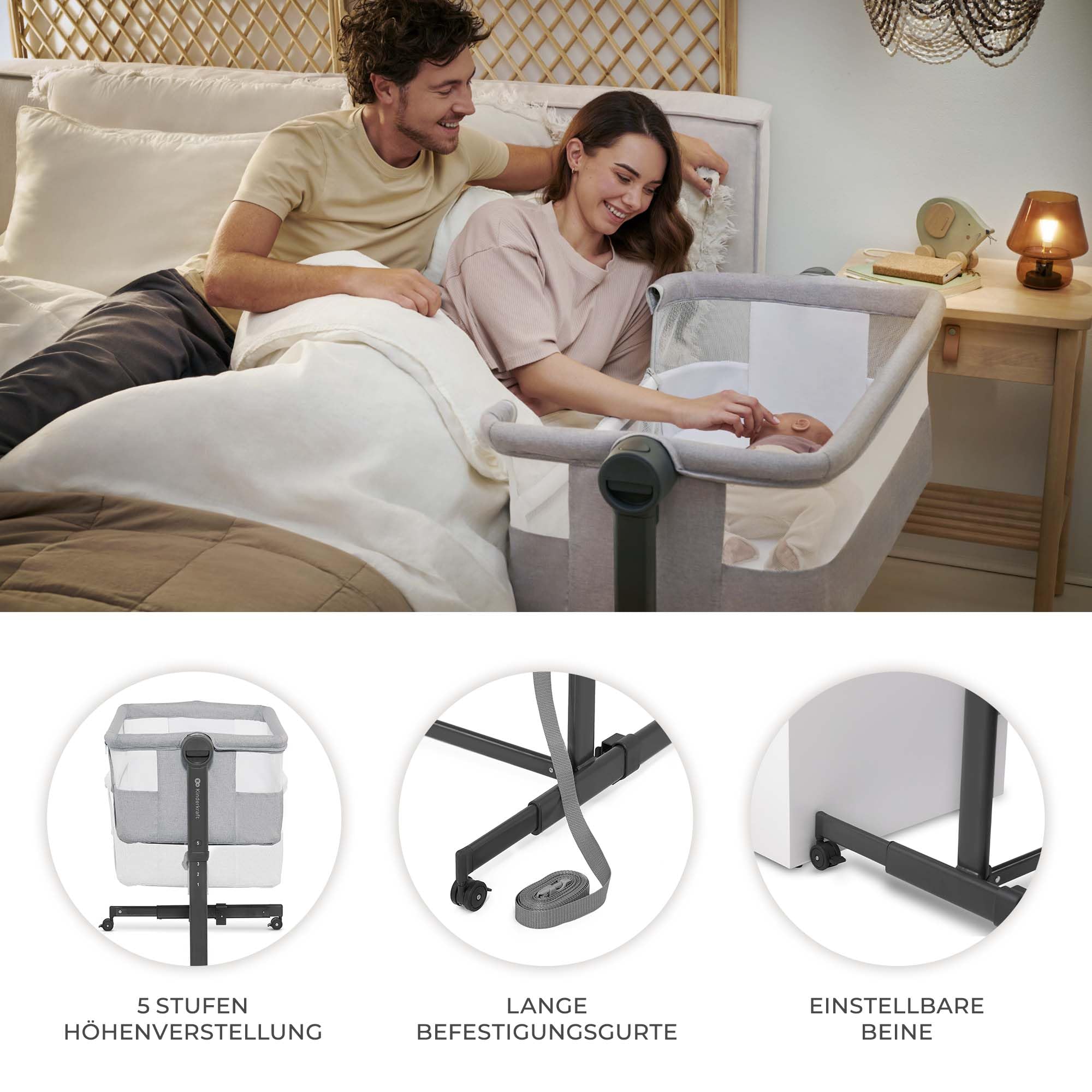 Kinderkraft NESTEE UP 2 Beistellbett 2 in 1, Kinderreisebett mit Matratze Laken, 5-stufige Matratzenhöhenverstellung, 4 Rädern mit Bremse, Weichen Material, Leichte Konstruktion, Grau