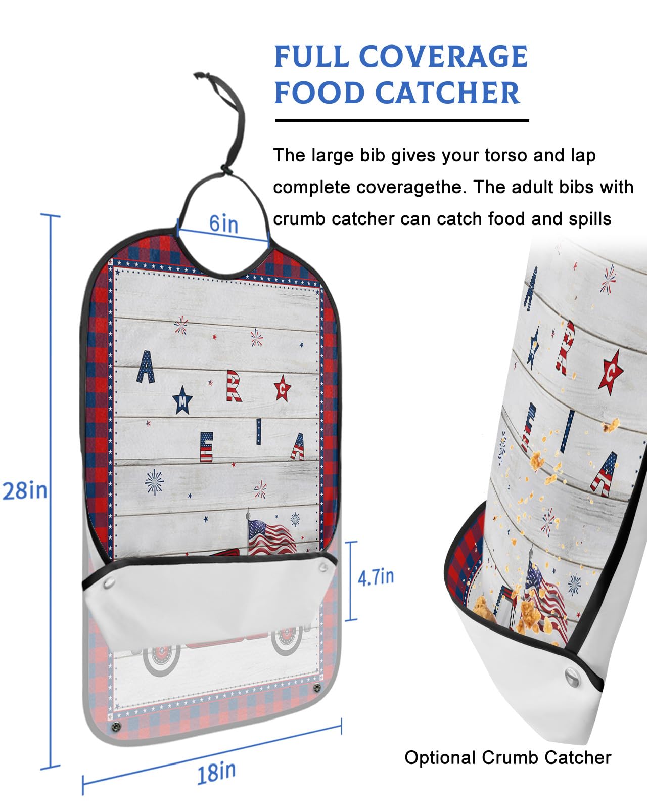 4th of July Adult Bibs for Eating, Waterproof Bibs with Food Catcher & Adjustable Snap Closure, Independence Day Red Black Plaid Truck Wood Clothing Protectors Adult Bibs for Elderly Women/Men
