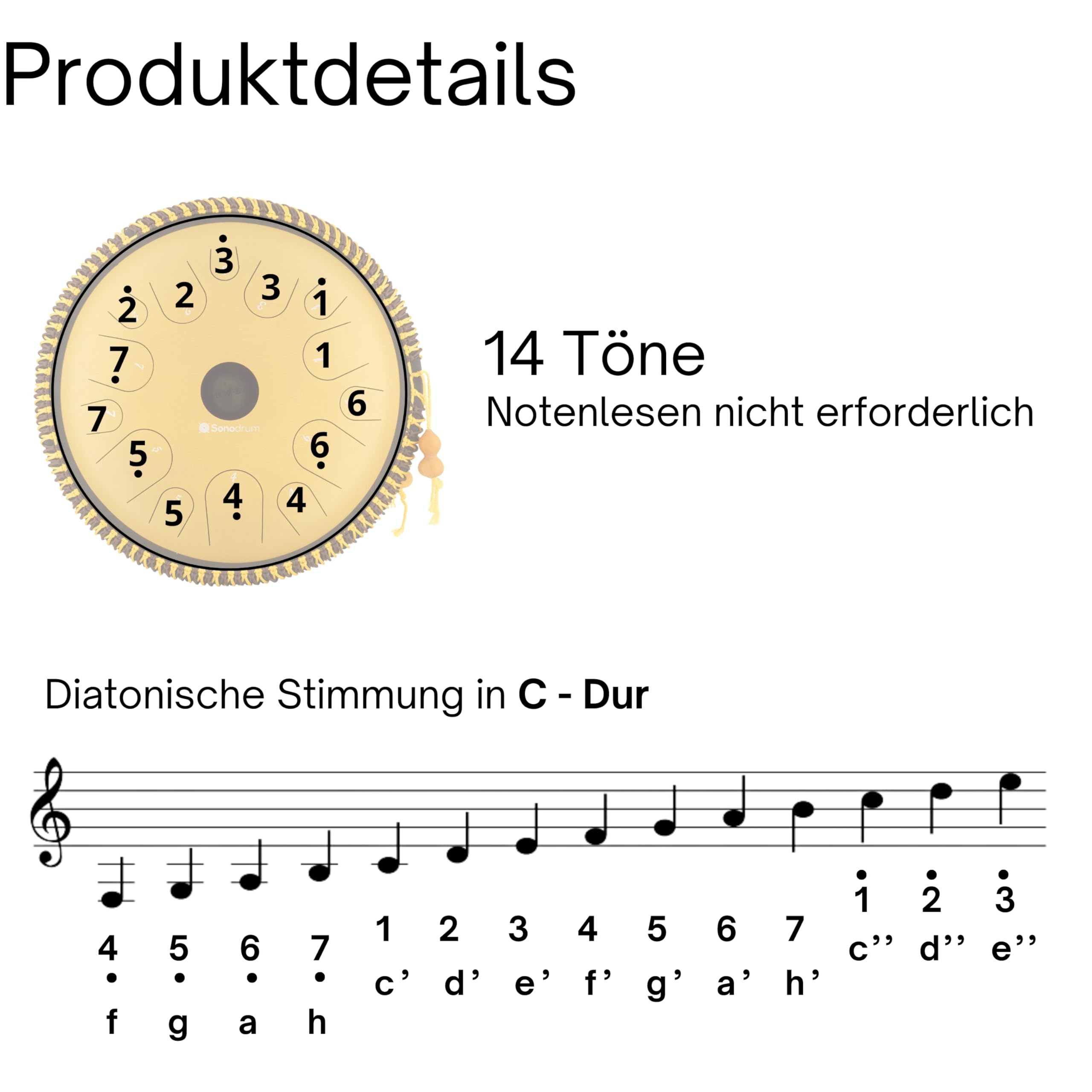 Zungentrommel "Exclusive" C-Dur in Dunkelblau - 38 cm groß mit 14 Tönen. Steel Tongue Drum inkl. Liederbuch, Schlägel, Fingersticks und Tragetasche. Notenlesen nicht nötig, einfach zu spielen