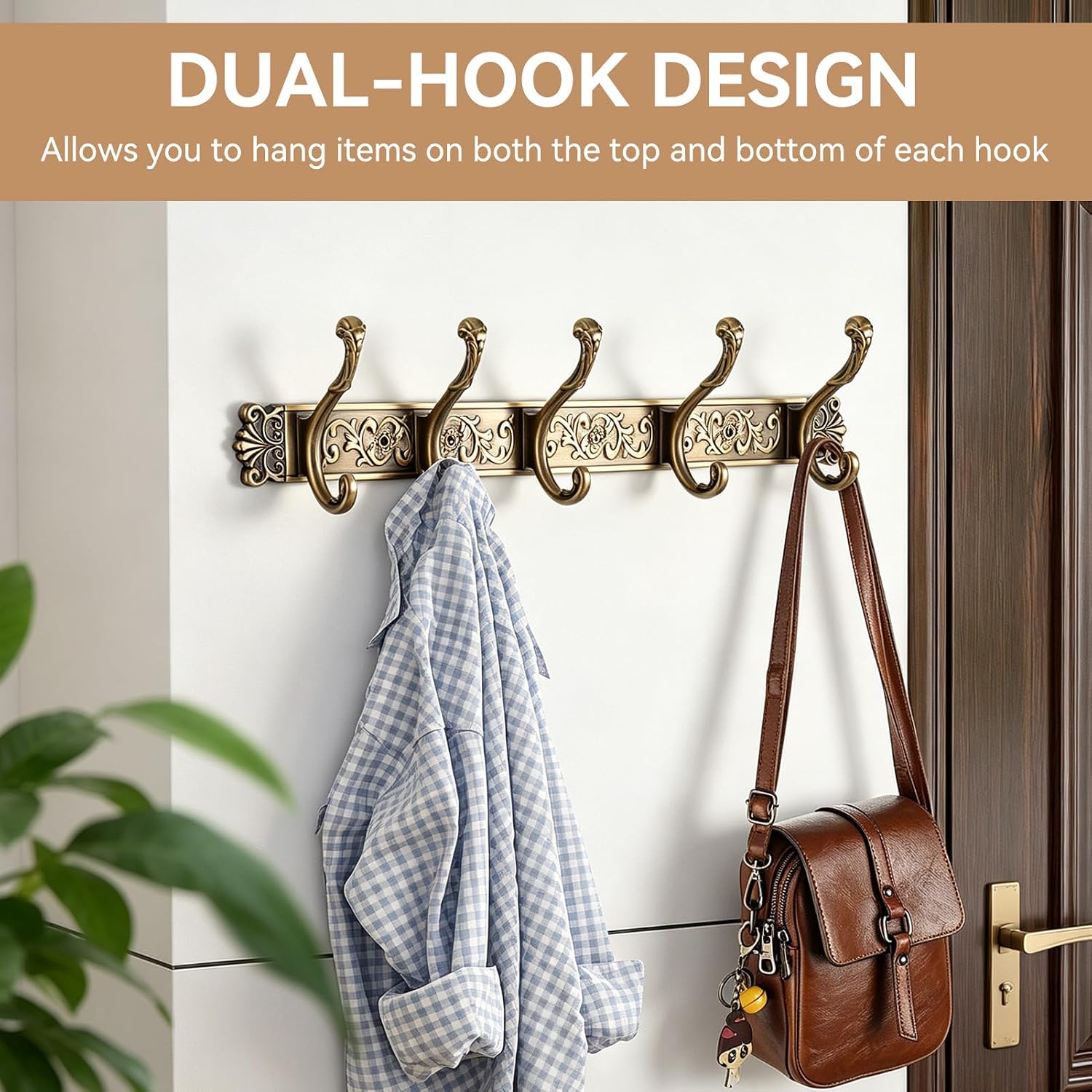 HERCHR Metal Decorative Wall Mounted Coat Hook with Hooks, Vintage Wall Hanger Gold Hook Rack Heavy Duty Decorative Key Hook Coat Rack for Bathroom Shower Entryway, 21.3 * 3.9 * 4.7in