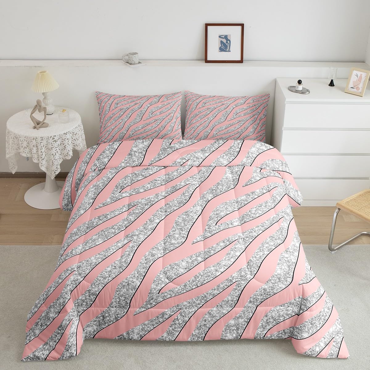 Feelyou Women Leopard Bedding Set Girls Pink Silver Print Comforter for Kids Boys Teens Glitter Zebra Safari Animal Quilt Room Decor Duvet All Season King Size