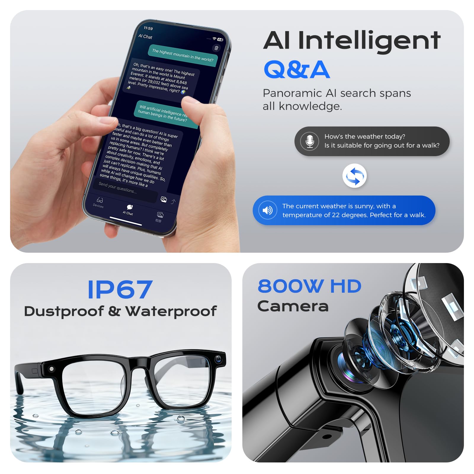 Occhiali Intelligenti AI,Equipaggiati con Fotocamera 8 Megapixel e ChatGpt,Supporta Registrazione Vivavoce Bluetooth 5.3,Traduzione in Tempo Reale da IA
