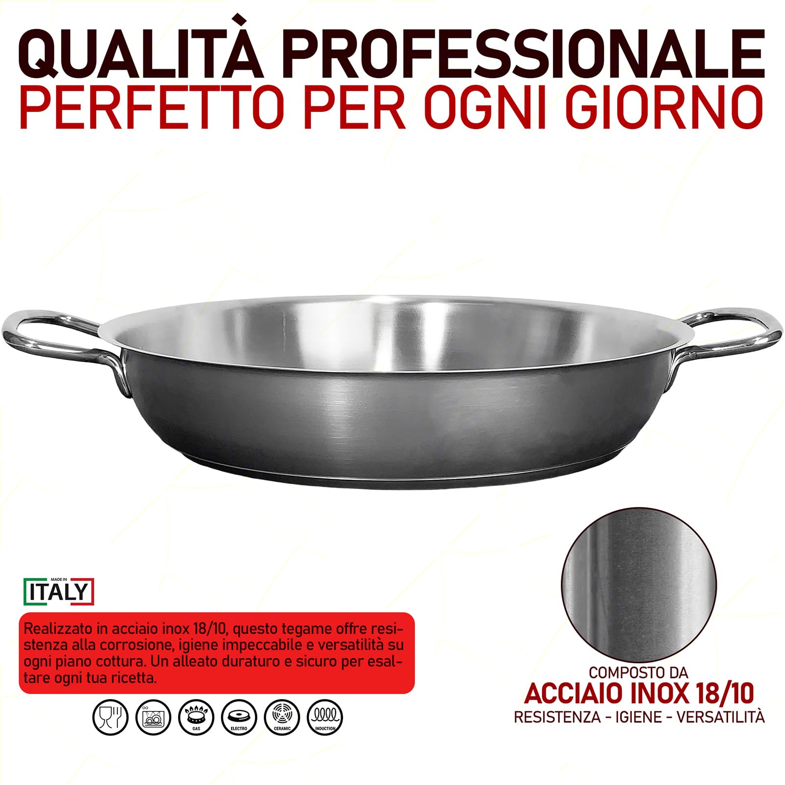 Sicignano | Tegame Ø28 cm, Acciaio Inox 18/10 con Triplo Fondo, per Gas Elettrico Induzione Vetroceramica, Linea Master – Made in Italy – per Ristorazione e Uso Domestico
