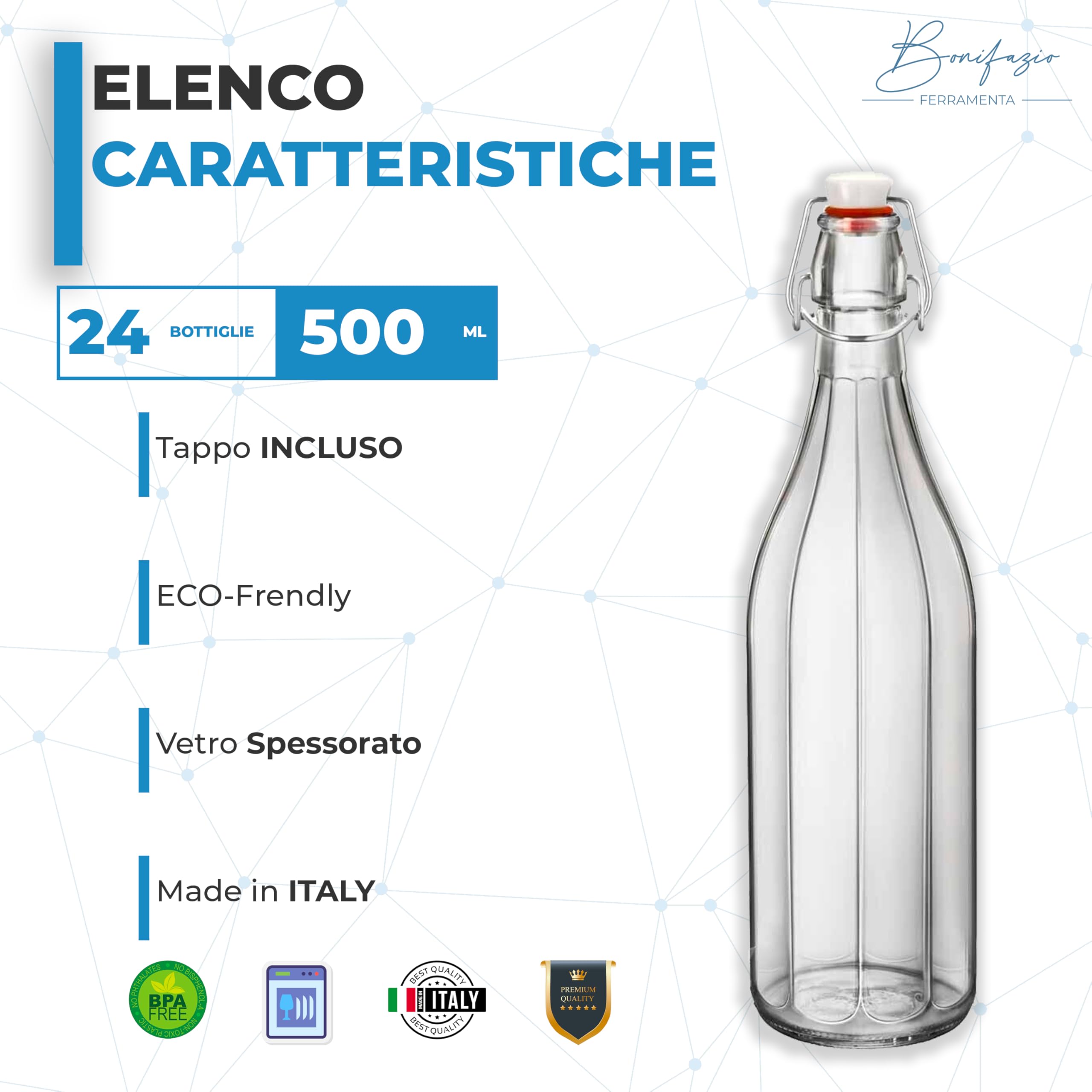 Bottiglie in Vetro Trasparente Costolata Set 12 Bottiglie da 500 ml con Tappo Ermetico Perfetto per Conservare Olio Acqua Vino Amari (Set 12 Bottiglie da 0.5L - 500ml)