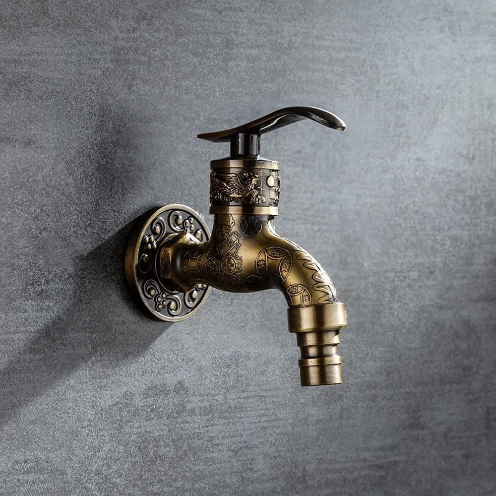 Wall Mount Tap Bibcock Antique Carved Zinc Alloy Retro Decorative Garden Faucet Single Hole Washing Machine Mop WC Outdoor Taps