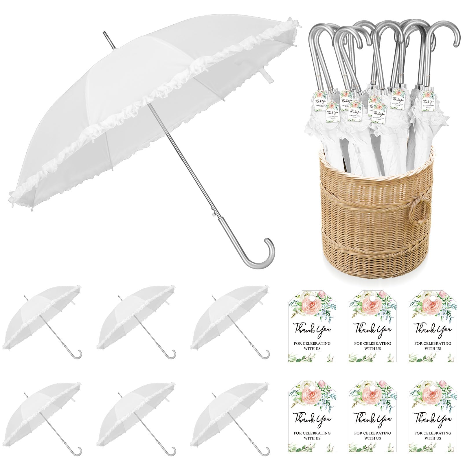 Abbylike Wedding Favors for Guest Umbrella Gifts Bulk 47 Inch White Ruffle Umbrellas with Thank You Tags and Rope Guest Souvenirs for Wedding Party