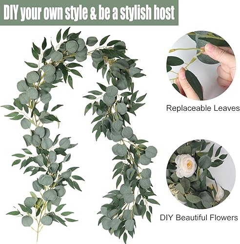 Miniatura 6 de Paquete de 2 guirnaldas artificiales de eucalipto con hojas de sauce de 6.5 pies, planta colgante de seda, hojas de sauce de eucalipto, guirnalda de