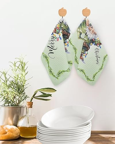 Miniatura 2 de Artwork Store 2 Packs Kitchen Towel Cotton Waffle Weave, Green Xmas Elf Merry Christmas Absorbent Quick Drying Dish Cloths for Kitchen Living Room