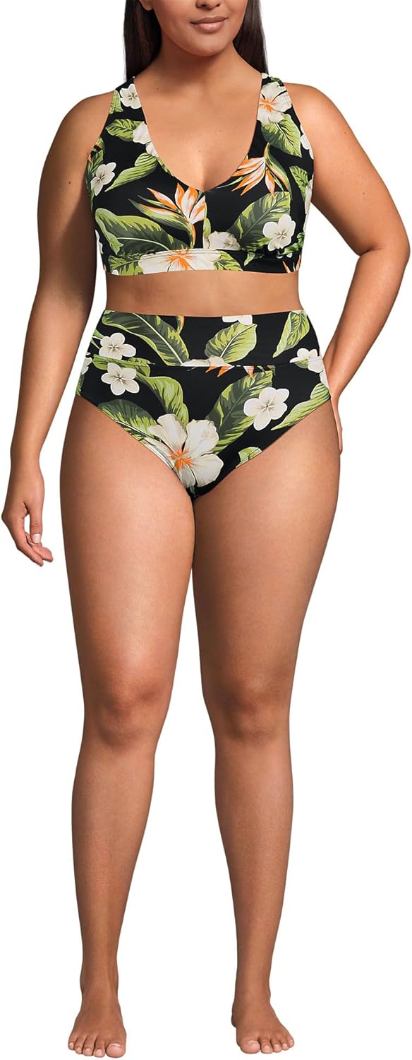 Lands' End Women's Chlorine Resistant V-Neck Midkini Swimsuit Top and High Leg High Waisted Bottoms 2 Piece Set