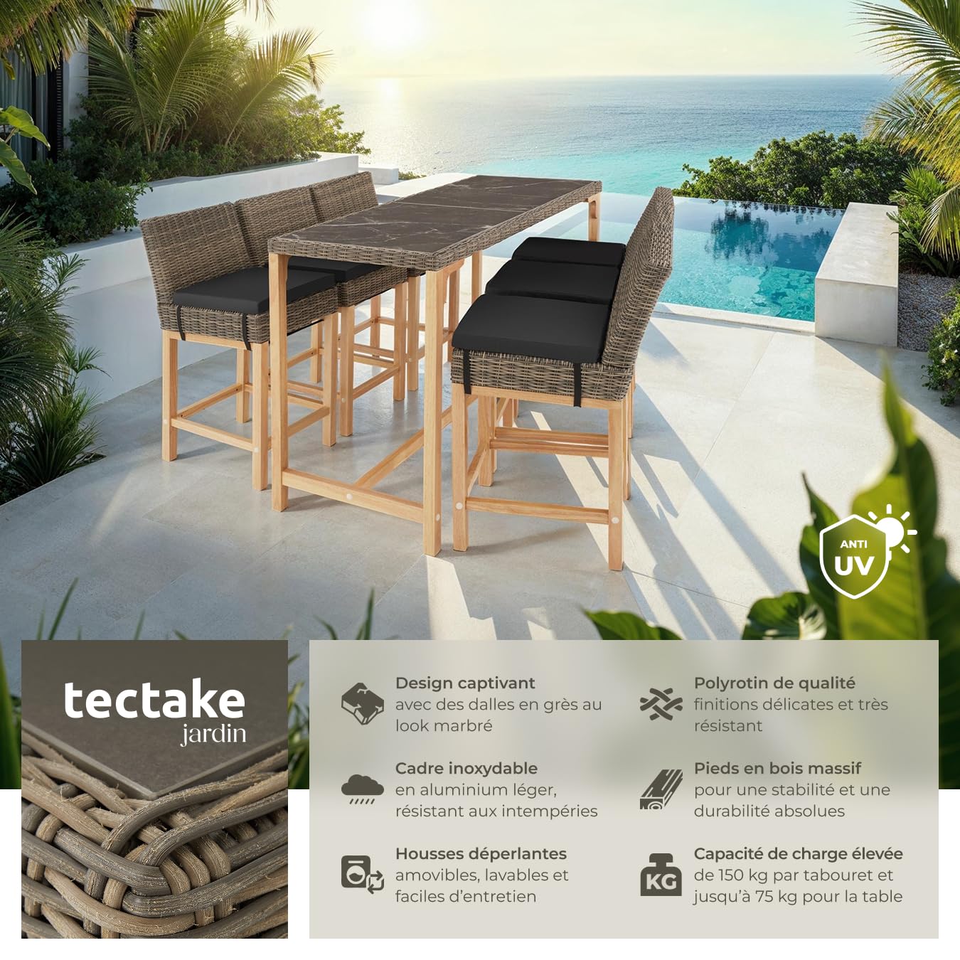 tectake® Ensemble de Bar Extérieur en Poly Rotin 6 Places - Table et Chaises de Jardin avec Coussins Inclus - Mobilier pour Aménagement Balcon
