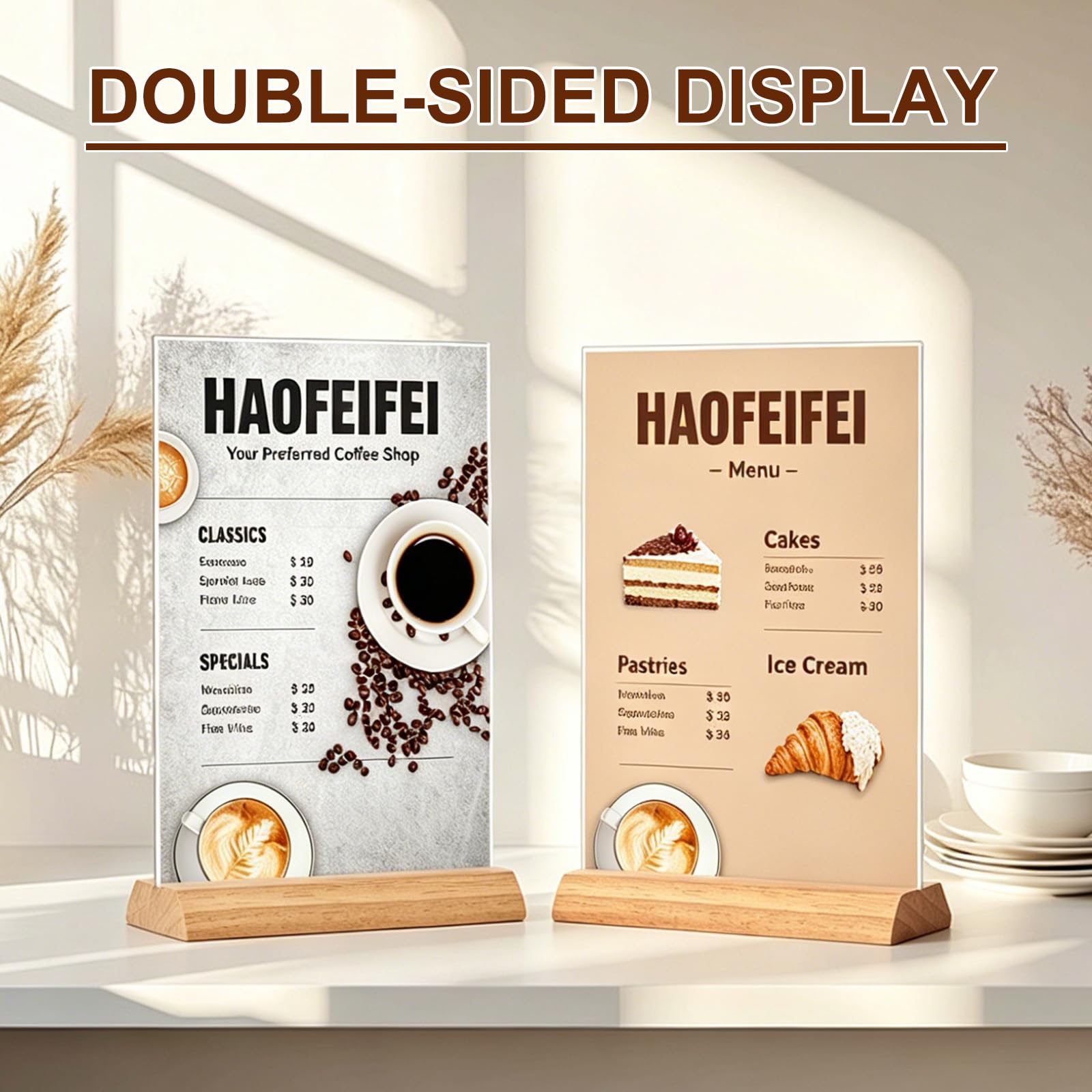 Expositor Metacrilato A4 con Soporte de Madera (Pack de 5), Porta Menús Doble Vista, A4 Soporte de Mesa T-Forma para Restaurante Hotel Bar Taberna Cafetería Bar, Inserción Directa