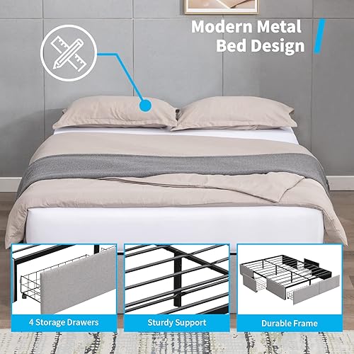 Miniatura 5 de Mjkone Base de cama tamaño California King con 4 cajones de almacenamiento plataforma tapizada de metal con tela de lino de primera calidad marco de