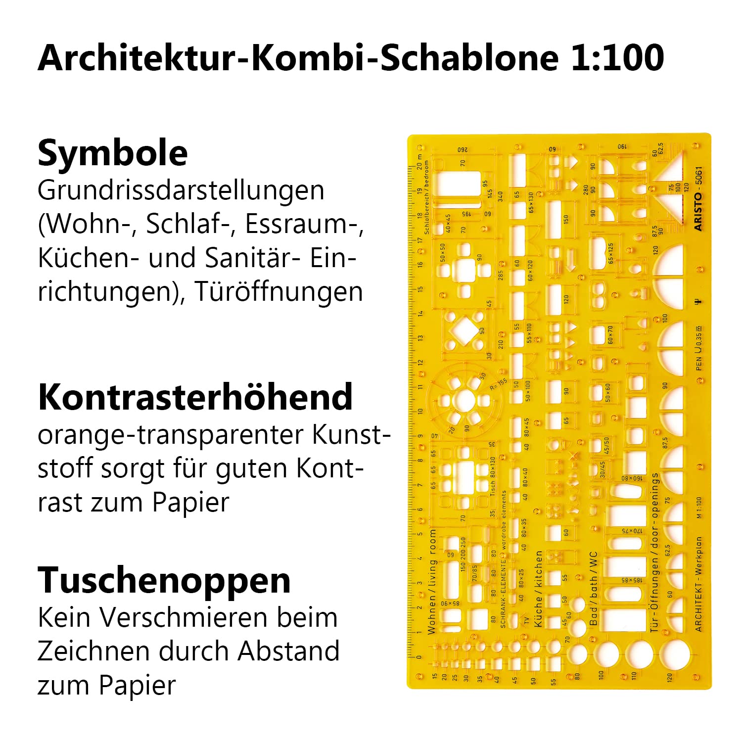 Aristo AR5061 Architektur Kombi Schablone 2 (1:100, Symbole für Grundrissdarstellung, Tuschenoppen, formstabiler PET-Kunststoff) orange-transparent