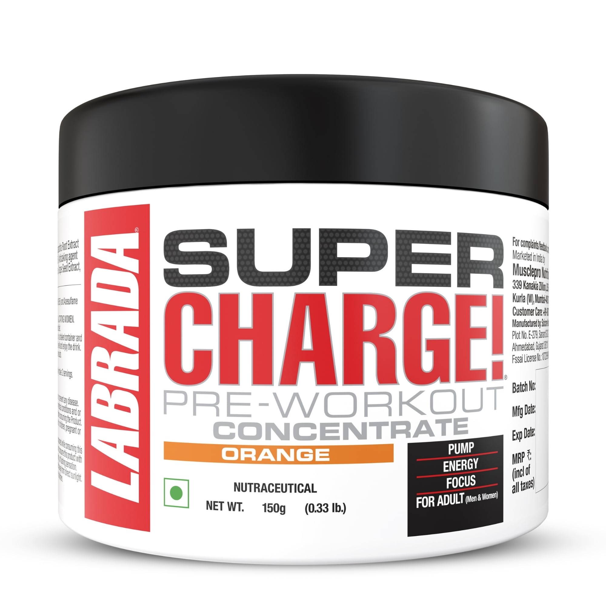Labrada Super Charge Pre Workout Supplement for Men & Women | Energy, Focus & Muscle Pump Support | Orange Flavour | 150g