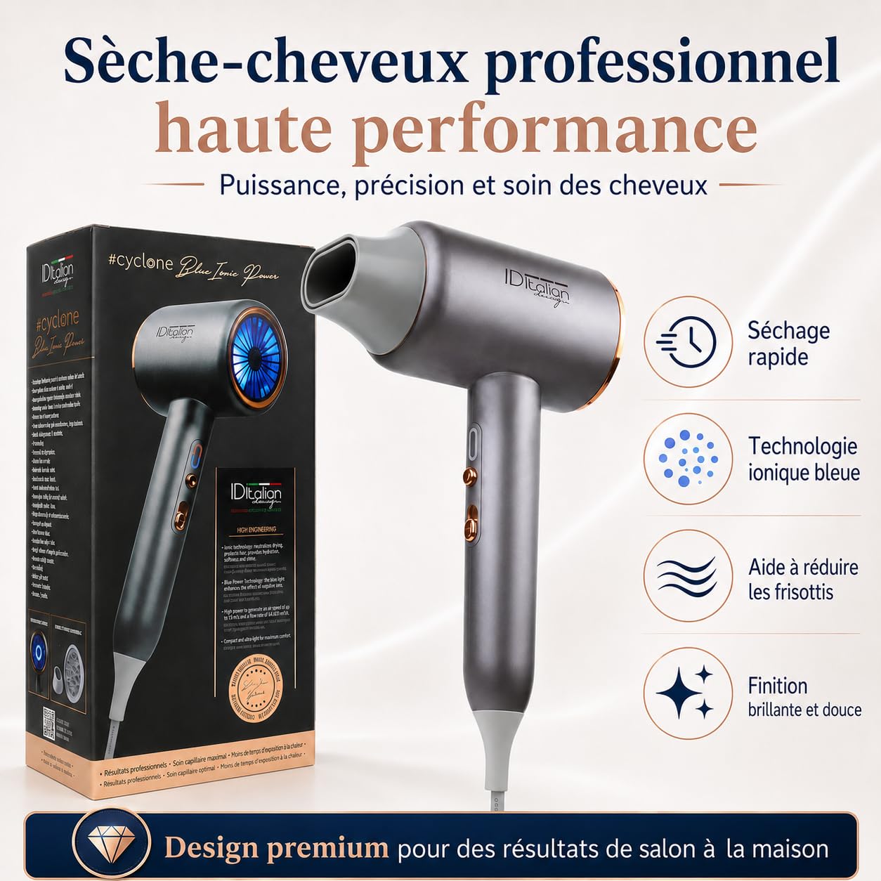 ID Italian Design – Sèche-cheveux Ionique Professionnel Cyclone Blue Ionic Power – Sèche-cheveux 2200 W, 3 Niveaux de Chaleur, Bouton Air Froid, 3 Vitesses et Fonction Ionique